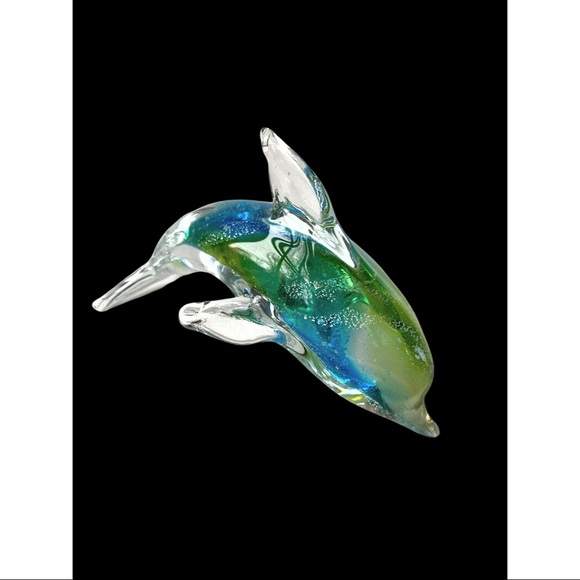 Vintage Murano Glass Handblown Dolphin Figurine Clear Glass Blue Green Ocean Sea - Picture 2 of 3